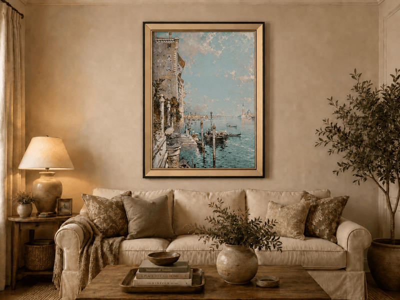 Peinture à l'huile de paysage - Rivière printanière avec pêcheur et arbres