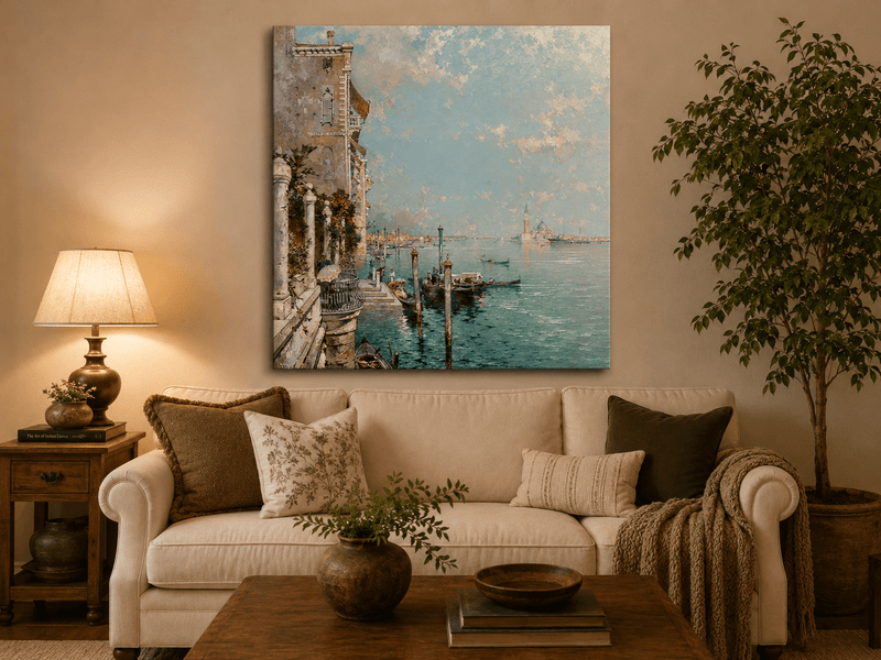 Peinture à l'huile de paysage - Rivière printanière avec pêcheur et arbres