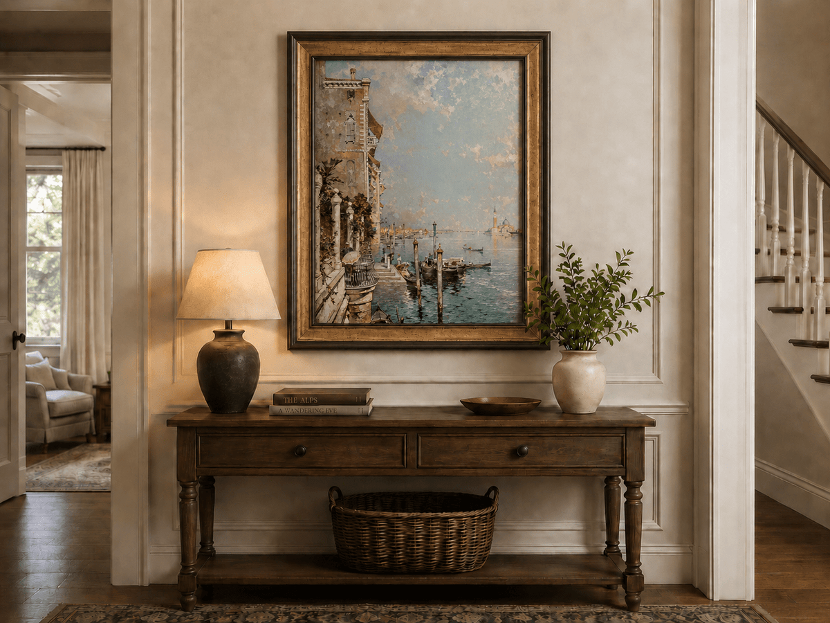 Peinture à l'huile de paysage - Rivière printanière avec pêcheur et arbres