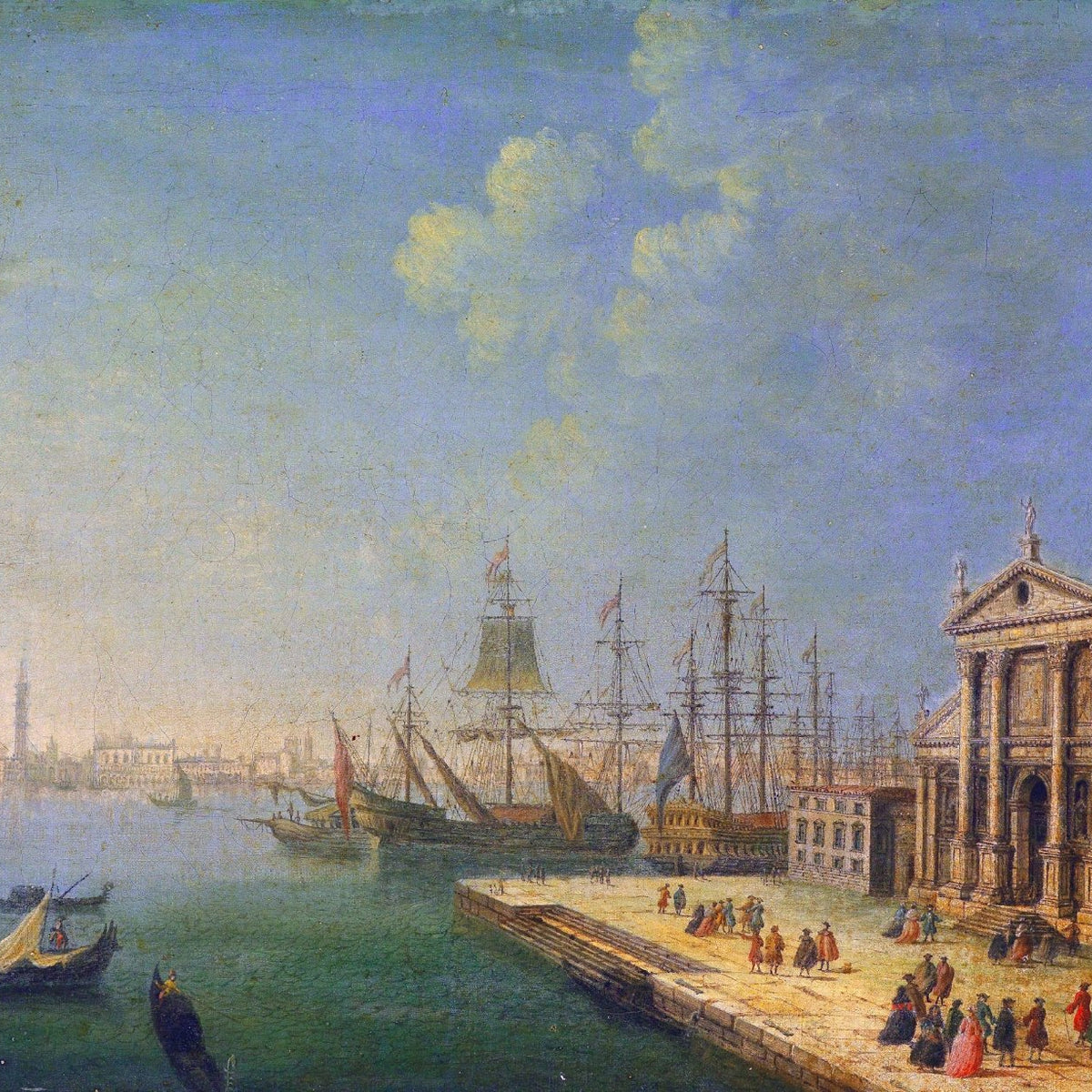 Landscape oil painting of Venice harbor with sailing ships, ornate church, and textured brushwork in soft blues and earthy. - Architecture, Boat, Canvas, Church, Hand Painted, Harbor, Landscape, Made To Order, Oil Painting, Seascape, Venice