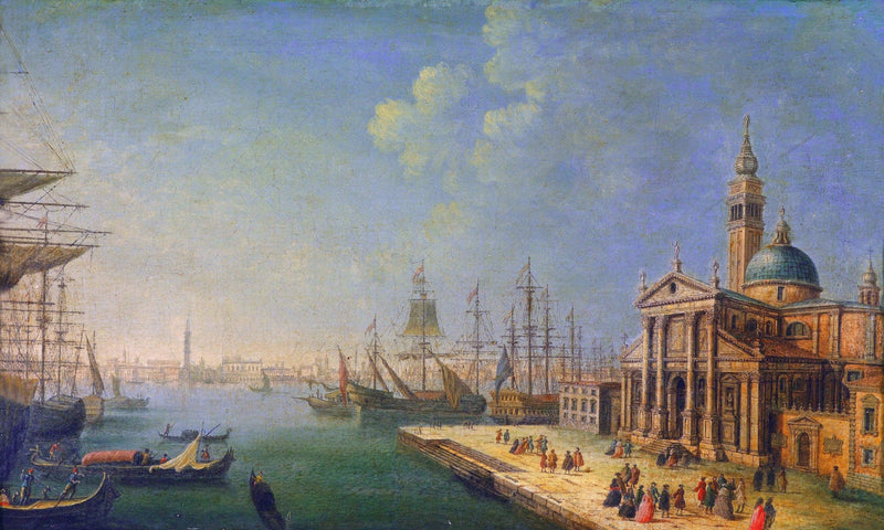 Landscape oil painting of Venice harbor with sailing ships, ornate church, and textured brushwork in soft blues and earthy. - Architecture, Boat, Canvas, Church, Hand Painted, Harbor, Landscape, Made To Order, Oil Painting, Seascape, Venice