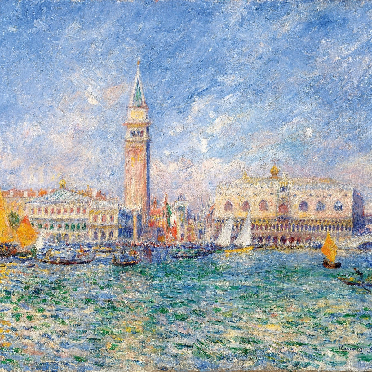 Hand-painted venice harbor with boats and light landscape oil painting on canvas