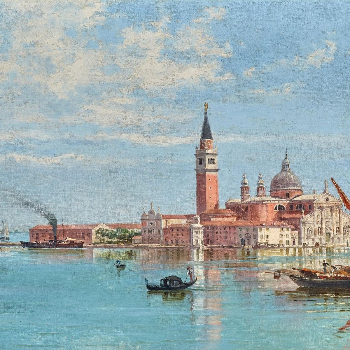 Hand-painted venice harbor with sailboats and basilica landscape oil painting on canvas