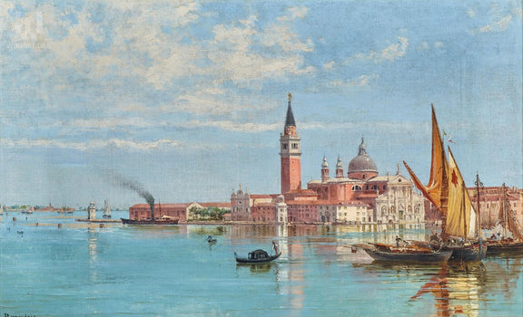 Hand-painted venice harbor with sailboats and basilica landscape oil painting on canvas