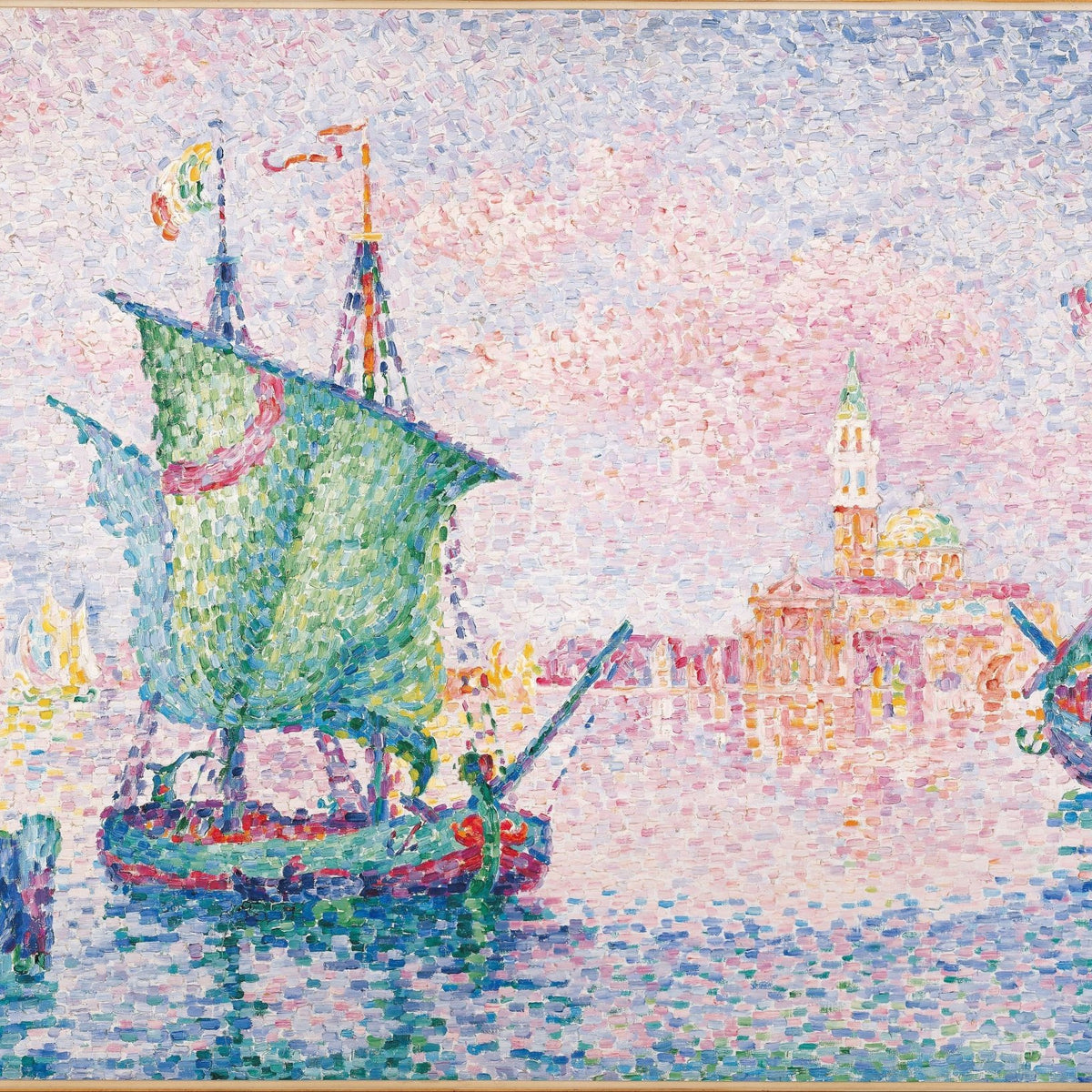 Hand-painted venice lagoon sailboats and pink cloud landscape oil painting on canvas