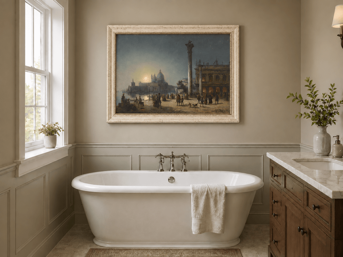 Peinture à l'huile de paysage - Venise au clair de lune et architecture historique