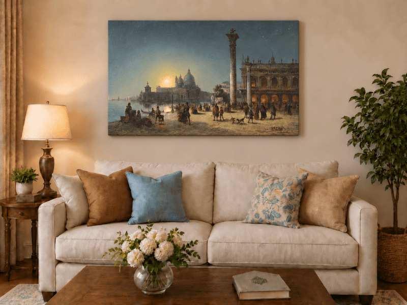 Peinture à l'huile de paysage - Venise au clair de lune et architecture historique