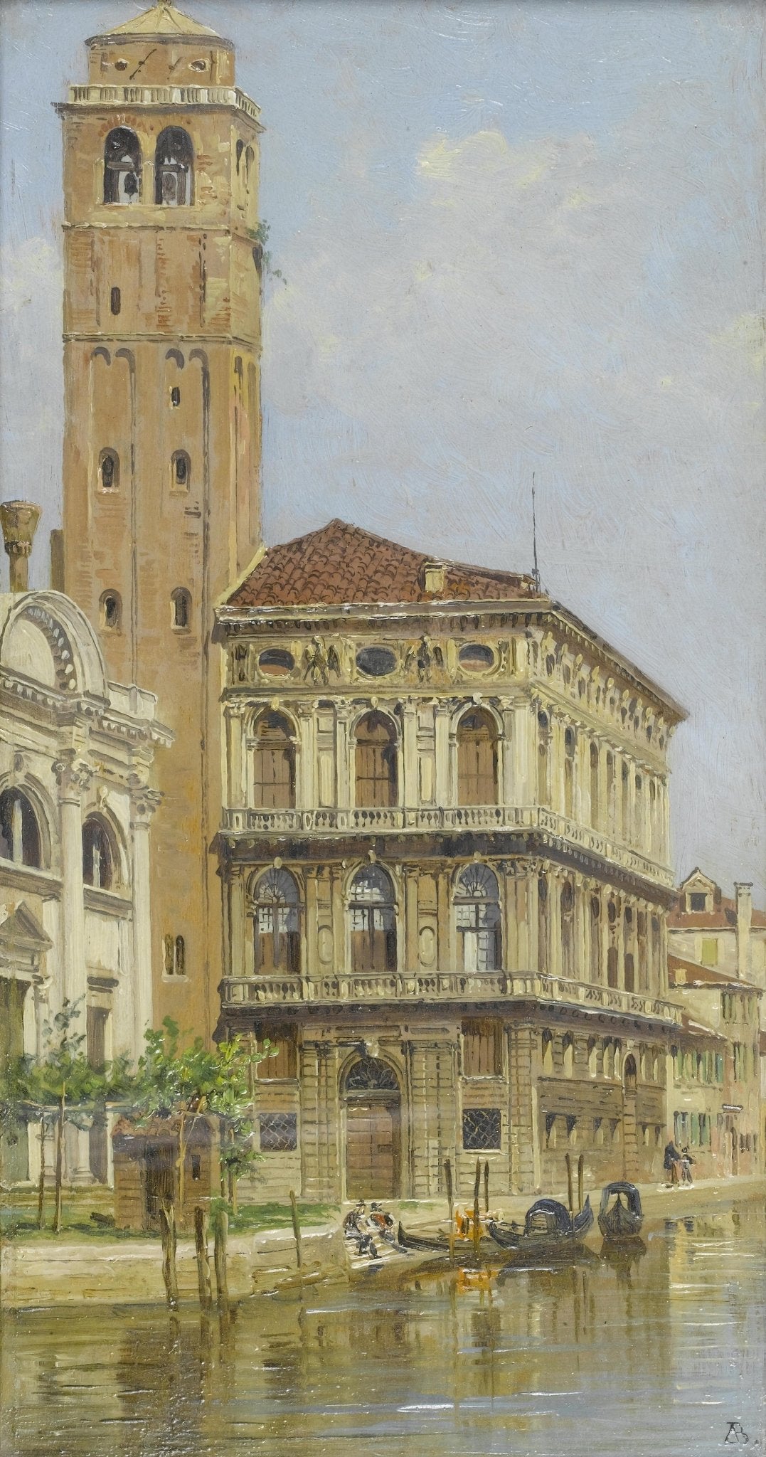 Hand-painted venice palazzo and bell tower canal scene landscape oil painting on canvas
