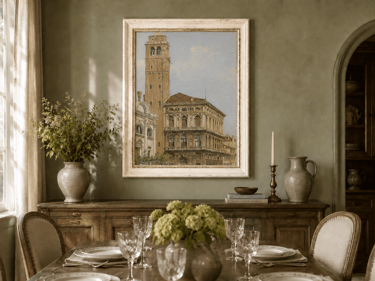 Landscape Oil Painting - Venice Palazzo & Bell Tower Canal