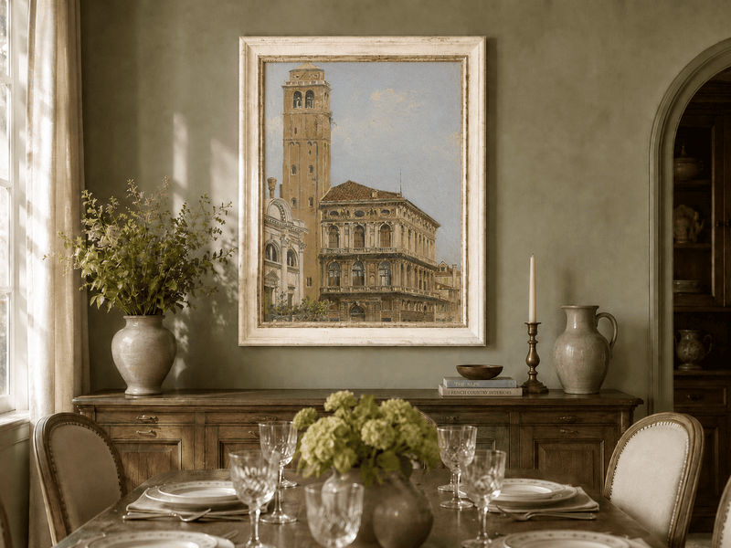 Landscape Oil Painting - Venice Palazzo & Bell Tower Canal