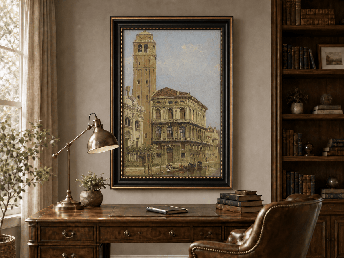 Landscape Oil Painting - Venice Palazzo & Bell Tower Canal