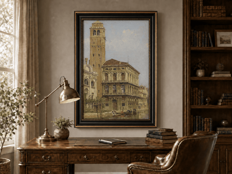 Landscape Oil Painting - Venice Palazzo & Bell Tower Canal
