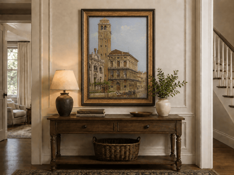 Landscape Oil Painting - Venice Palazzo & Bell Tower Canal