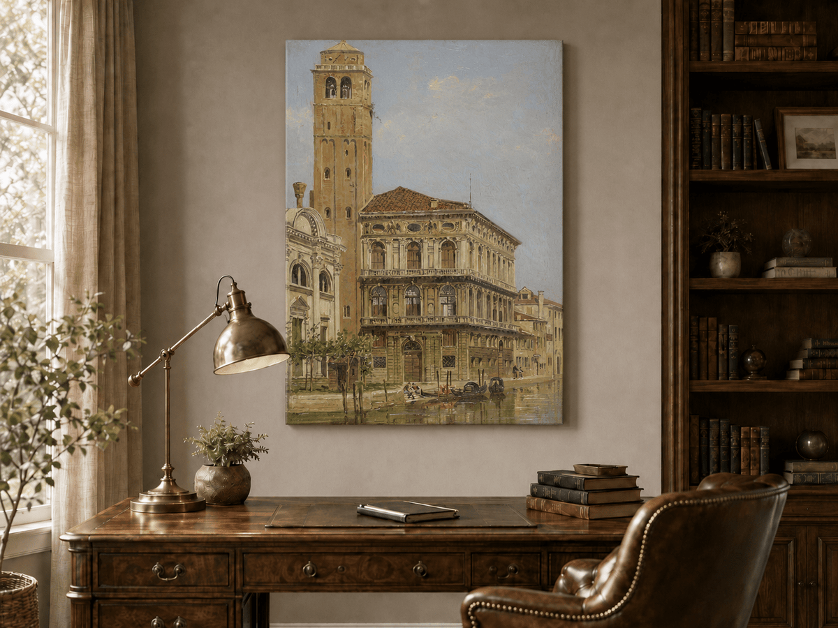 Landscape Oil Painting - Venice Palazzo & Bell Tower Canal