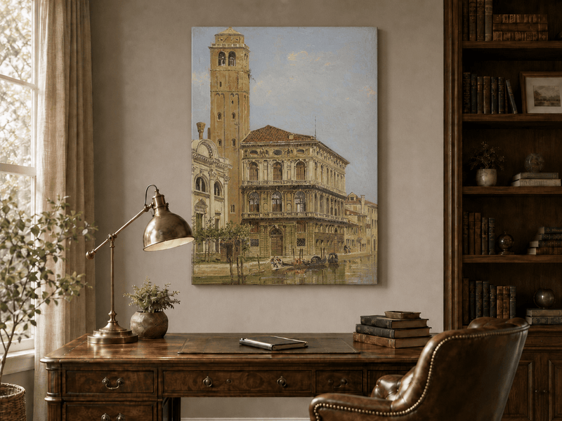 Landscape Oil Painting - Venice Palazzo & Bell Tower Canal