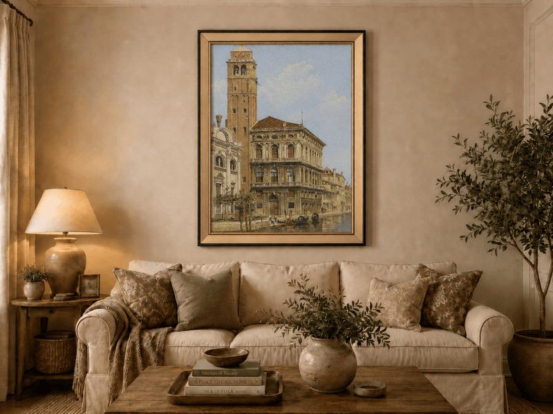 Landscape Oil Painting - Venice Palazzo & Bell Tower Canal