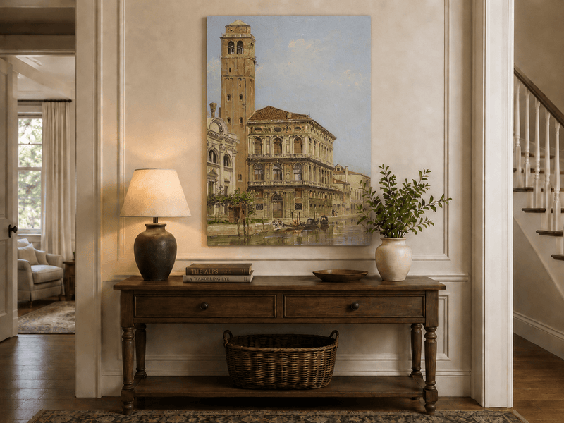 Landscape Oil Painting - Venice Palazzo & Bell Tower Canal