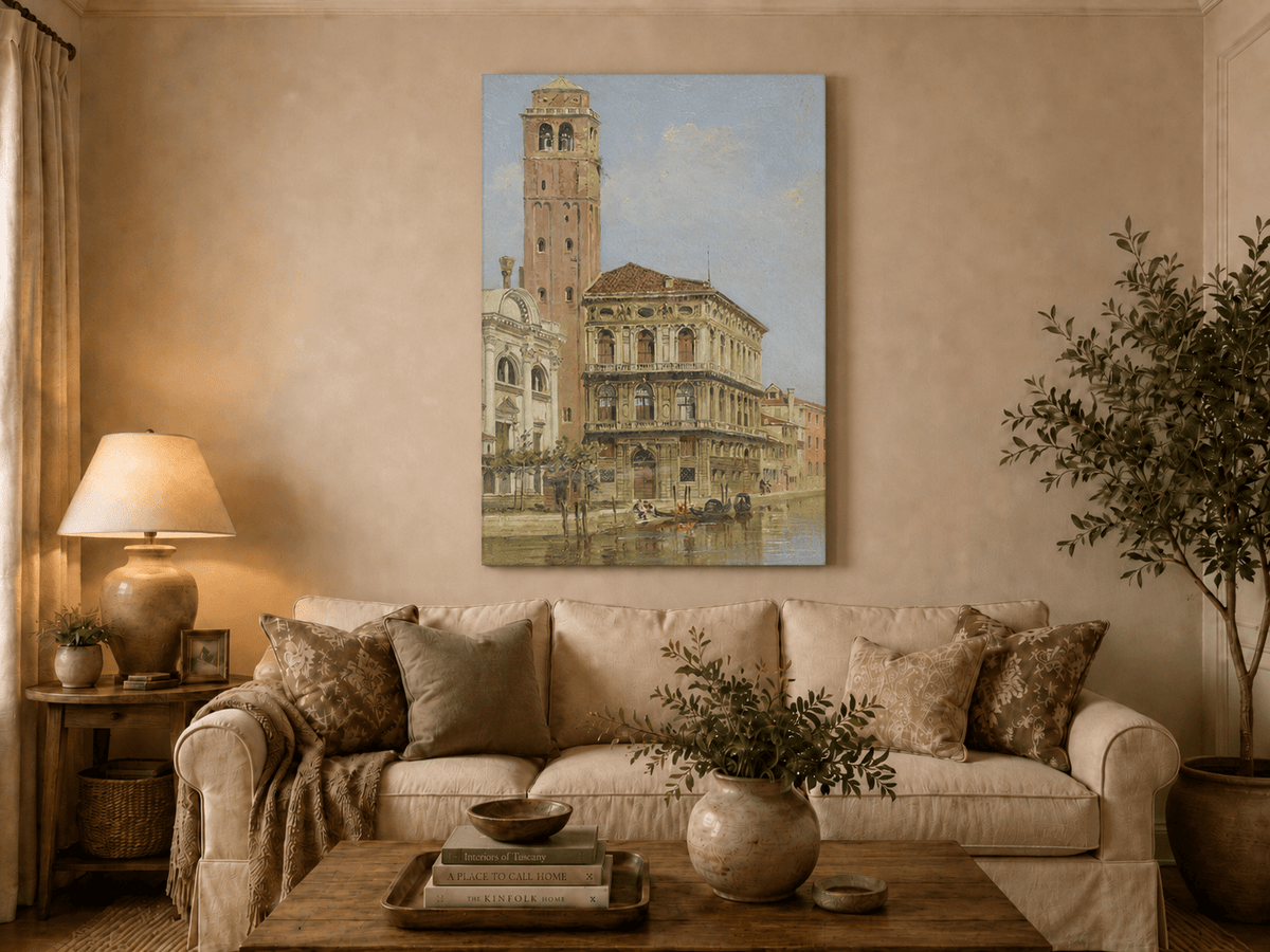 Landscape Oil Painting - Venice Palazzo & Bell Tower Canal