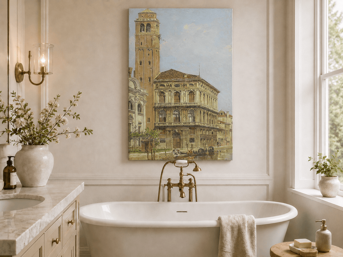 Landscape Oil Painting - Venice Palazzo & Bell Tower Canal