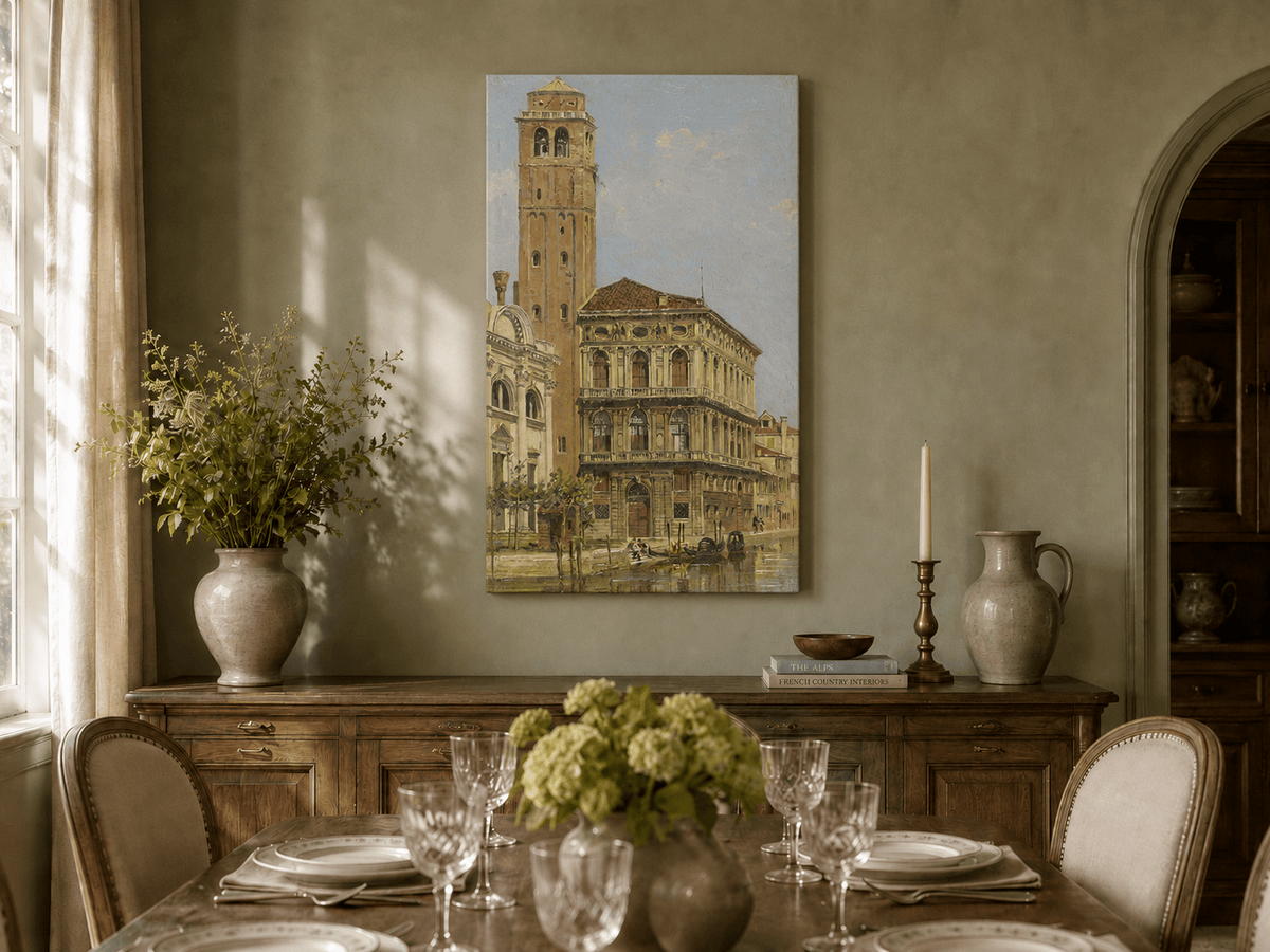 Landscape Oil Painting - Venice Palazzo & Bell Tower Canal