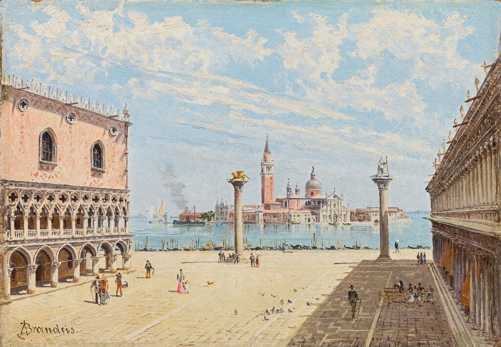 Hand-painted venice piazza and lagoon view landscape oil painting on canvas