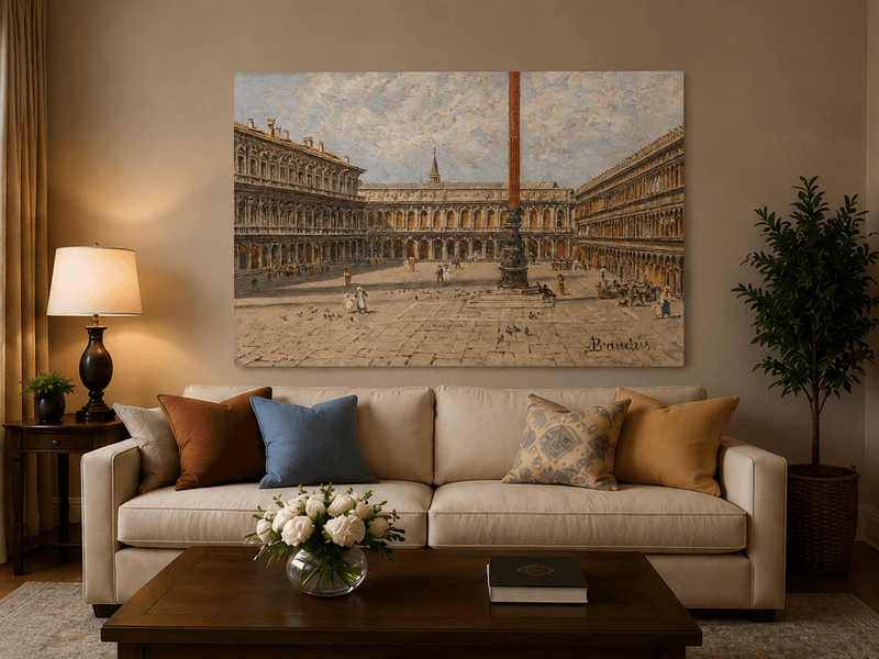 Landscape Oil Painting - Venice Piazza with Arcades and Column