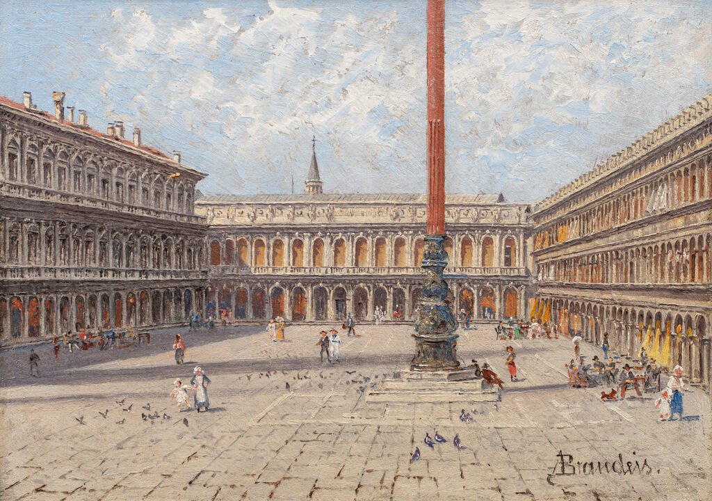 Hand-painted venice piazza with arcades and column landscape oil painting on canvas