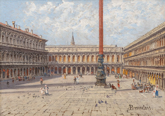 Hand-painted venice piazza with arcades and column landscape oil painting on canvas