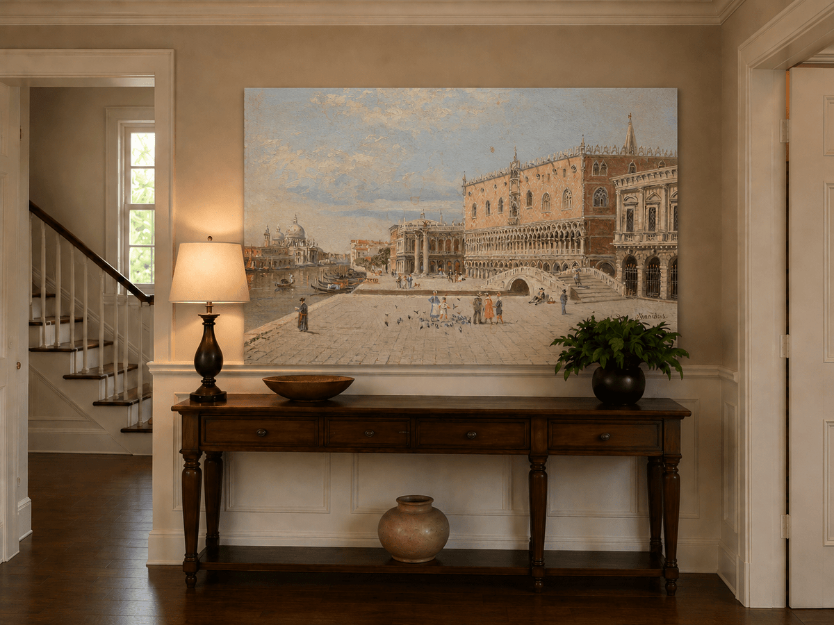 Landscape Oil Painting - Venice Piazza with Palace and Gondolas