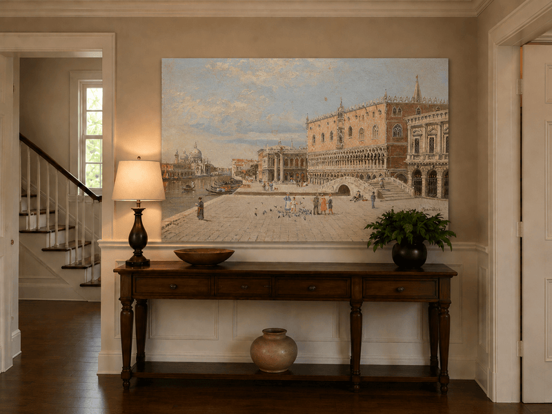 Landscape Oil Painting - Venice Piazza with Palace and Gondolas