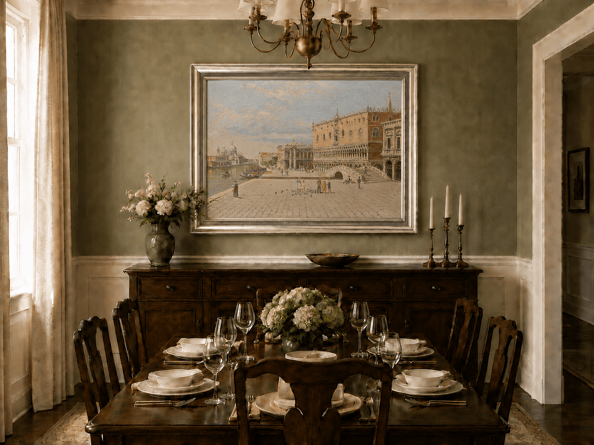Landscape Oil Painting - Venice Piazza with Palace and Gondolas