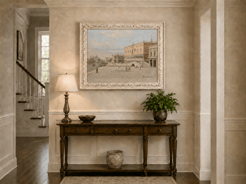 Landscape Oil Painting - Venice Piazza with Palace and Gondolas
