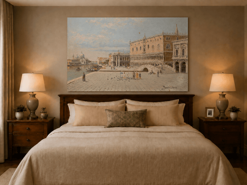 Landscape Oil Painting - Venice Piazza with Palace and Gondolas