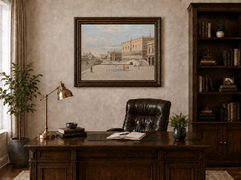 Landscape Oil Painting - Venice Piazza with Palace and Gondolas