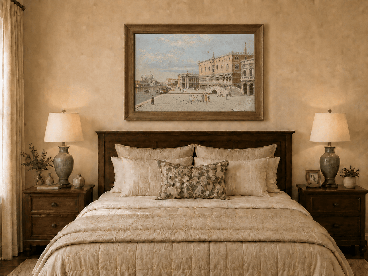 Landscape Oil Painting - Venice Piazza with Palace and Gondolas