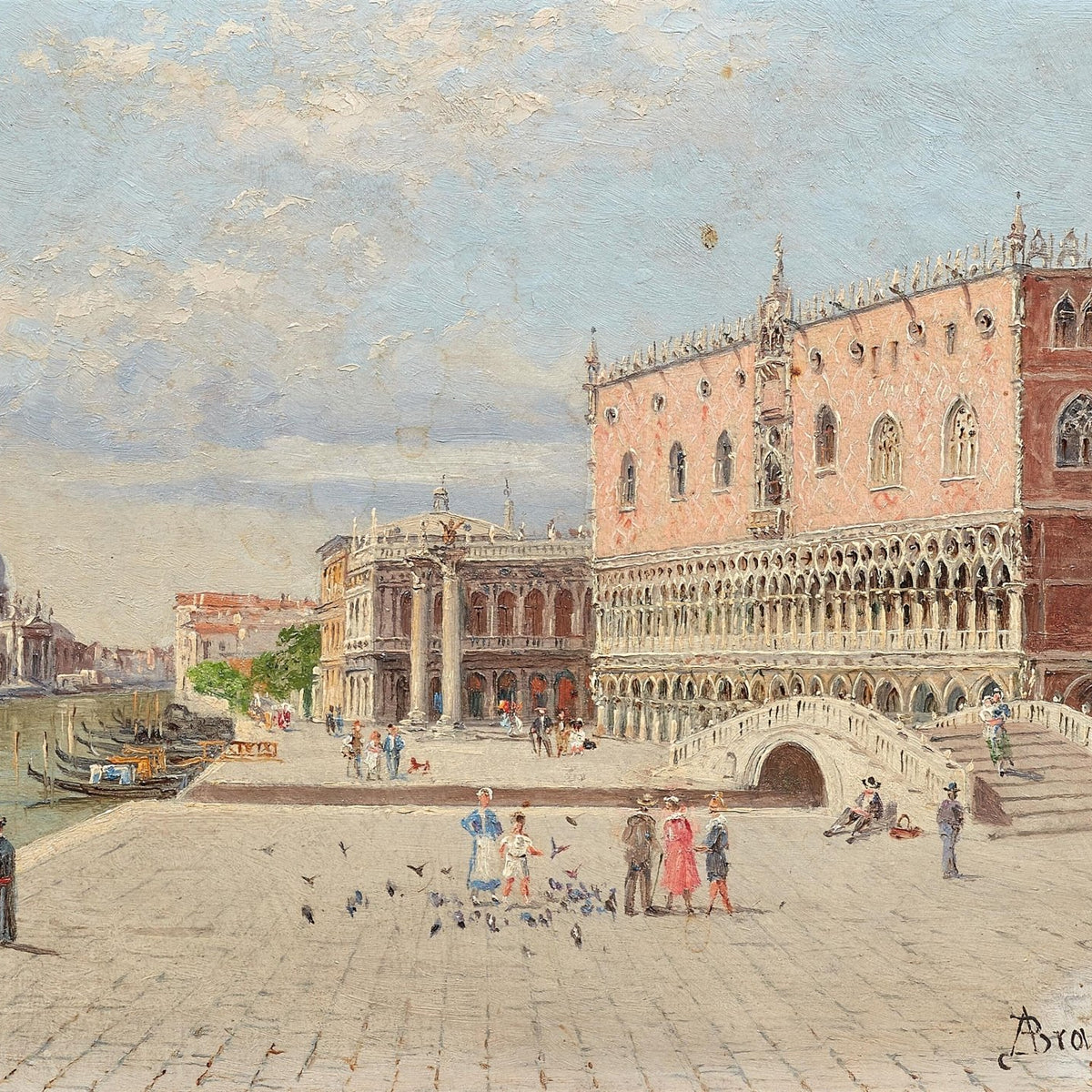 Hand-painted venice piazza with palace and gondolas landscape oil painting on canvas