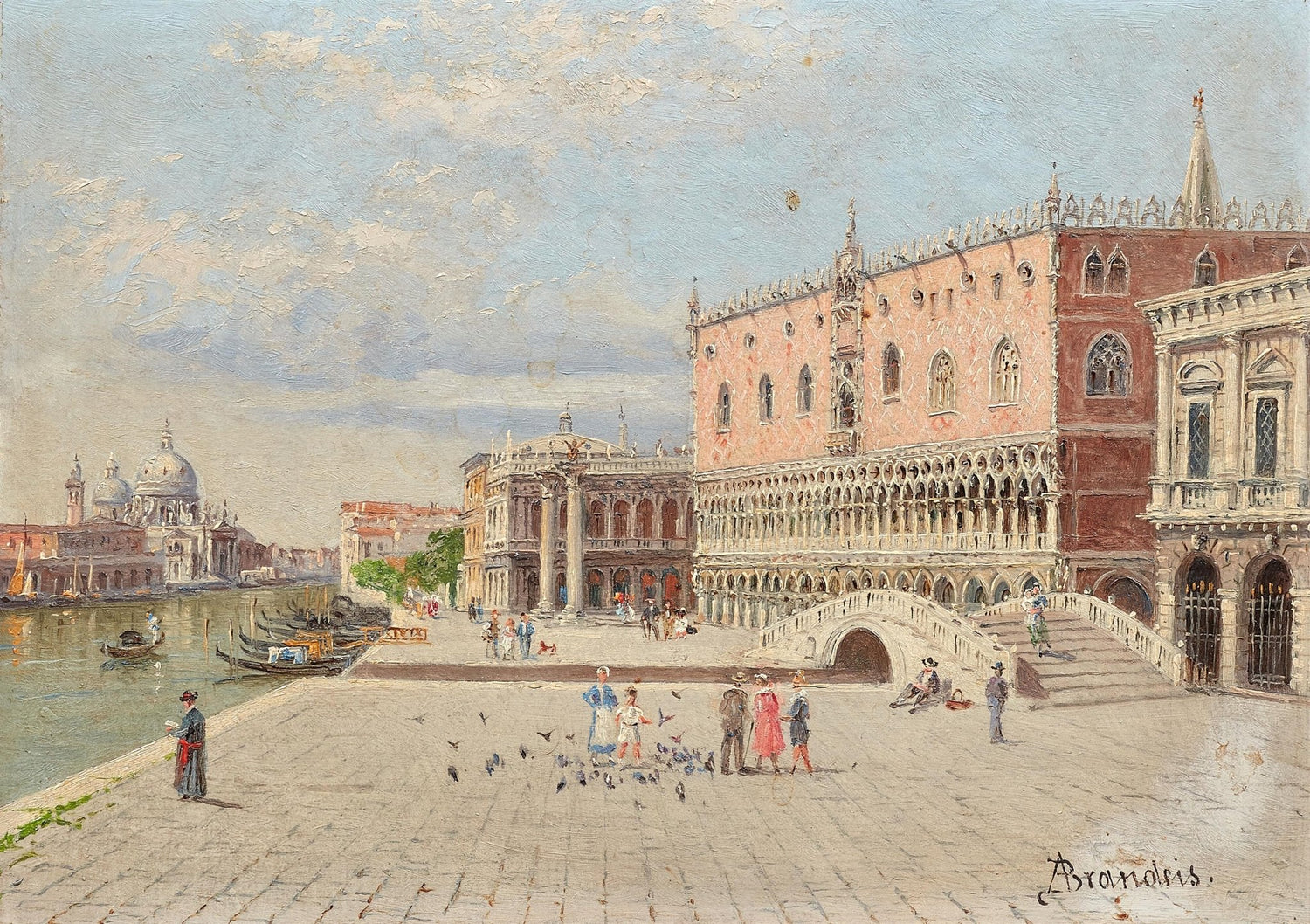 Hand-painted venice piazza with palace and gondolas landscape oil painting on canvas