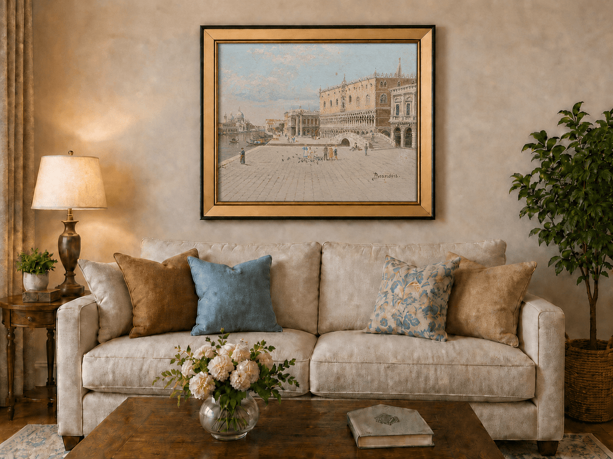 Landscape Oil Painting - Venice Piazza with Palace and Gondolas