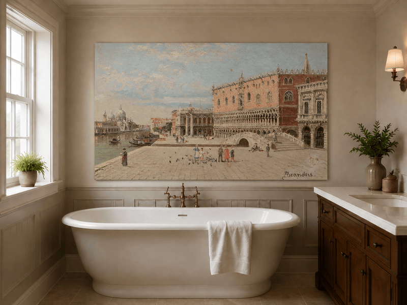 Landscape Oil Painting - Venice Piazza with Palace and Gondolas