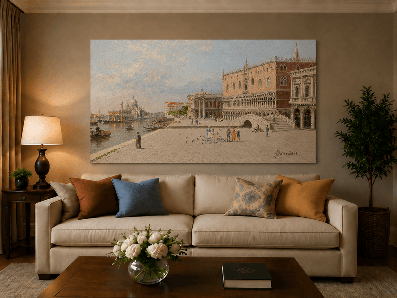 Landscape Oil Painting - Venice Piazza with Palace and Gondolas