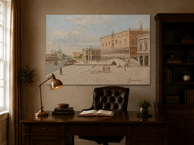 Landscape Oil Painting - Venice Piazza with Palace and Gondolas
