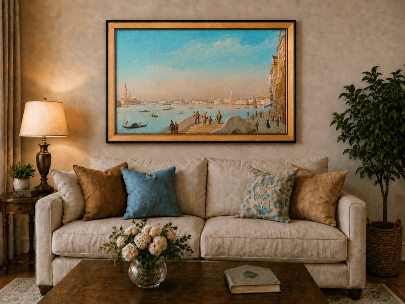 Peinture à l'huile de paysage - Gouffre rocheux spectaculaire avec personnages