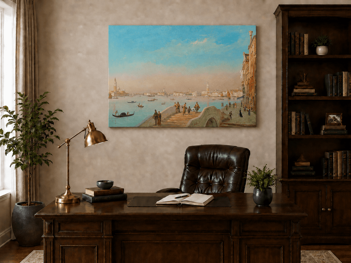 Peinture à l'huile de paysage - Gouffre rocheux spectaculaire avec personnages