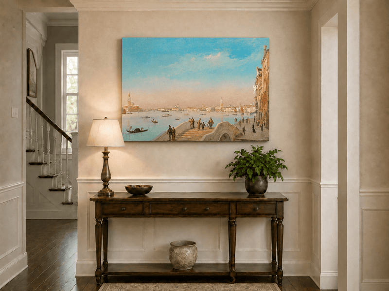 Peinture à l'huile de paysage - Gouffre rocheux spectaculaire avec personnages