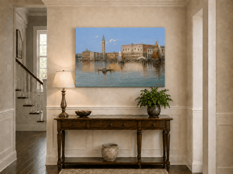 Peinture à l'huile de paysage - Bord de mer à Venise : Campanile et voiliers
