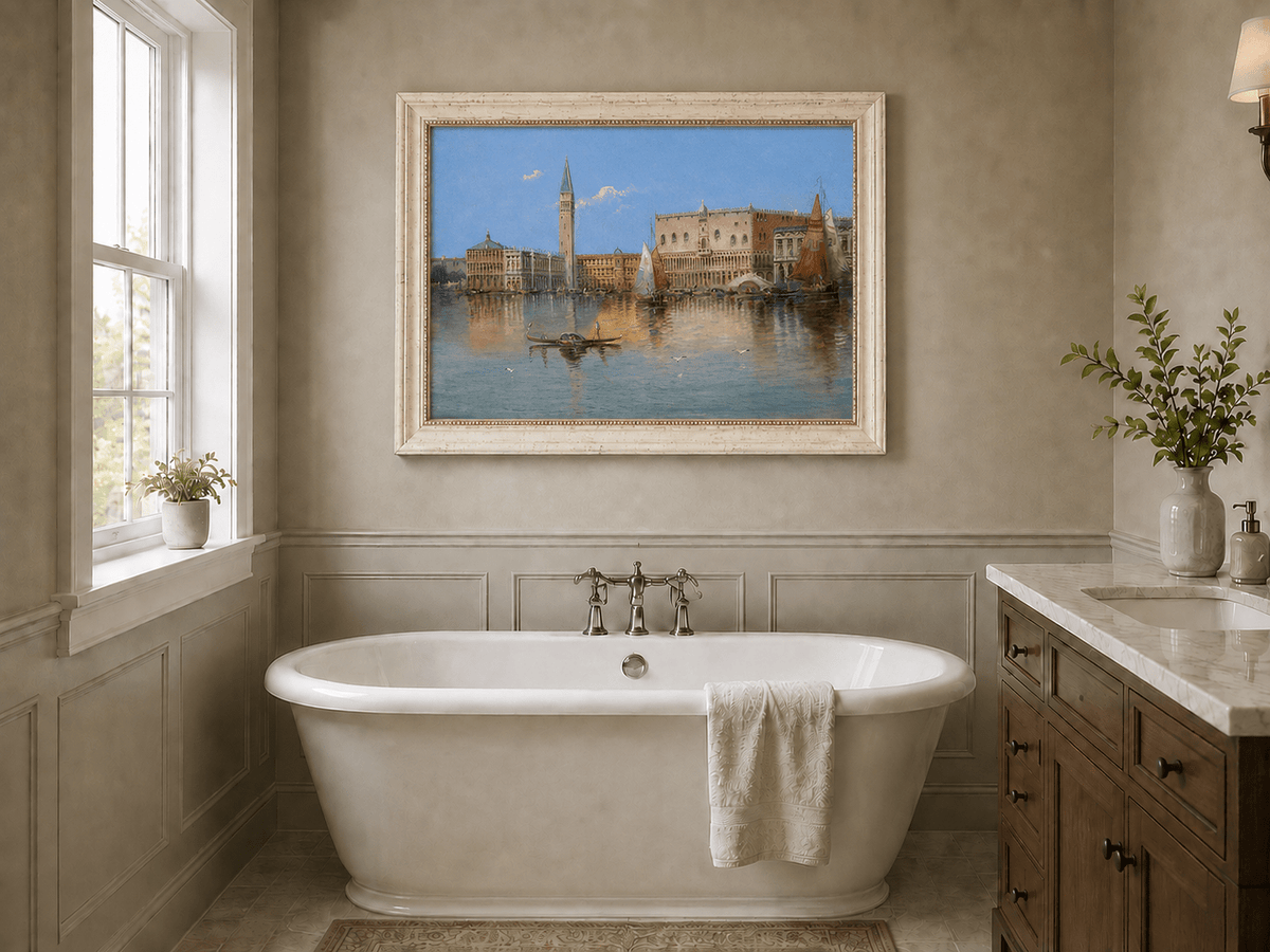 Peinture à l'huile de paysage - Bord de mer à Venise : Campanile et voiliers