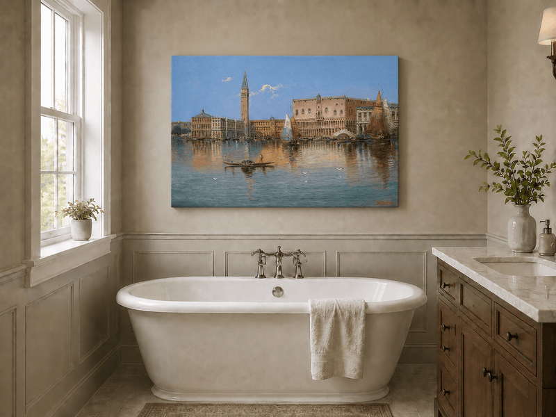 Peinture à l'huile de paysage - Bord de mer à Venise : Campanile et voiliers