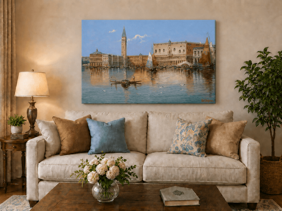 Peinture à l'huile de paysage - Bord de mer à Venise : Campanile et voiliers