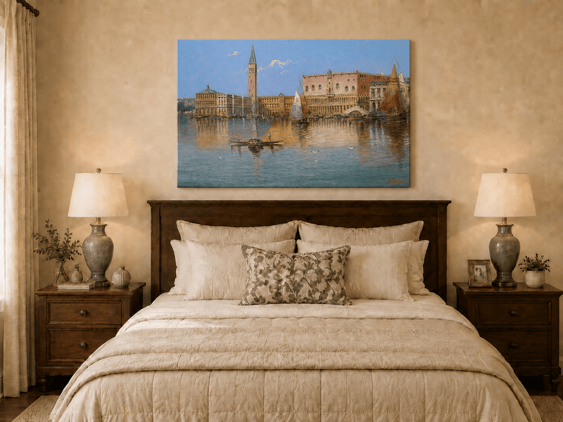 Peinture à l'huile de paysage - Bord de mer à Venise : Campanile et voiliers