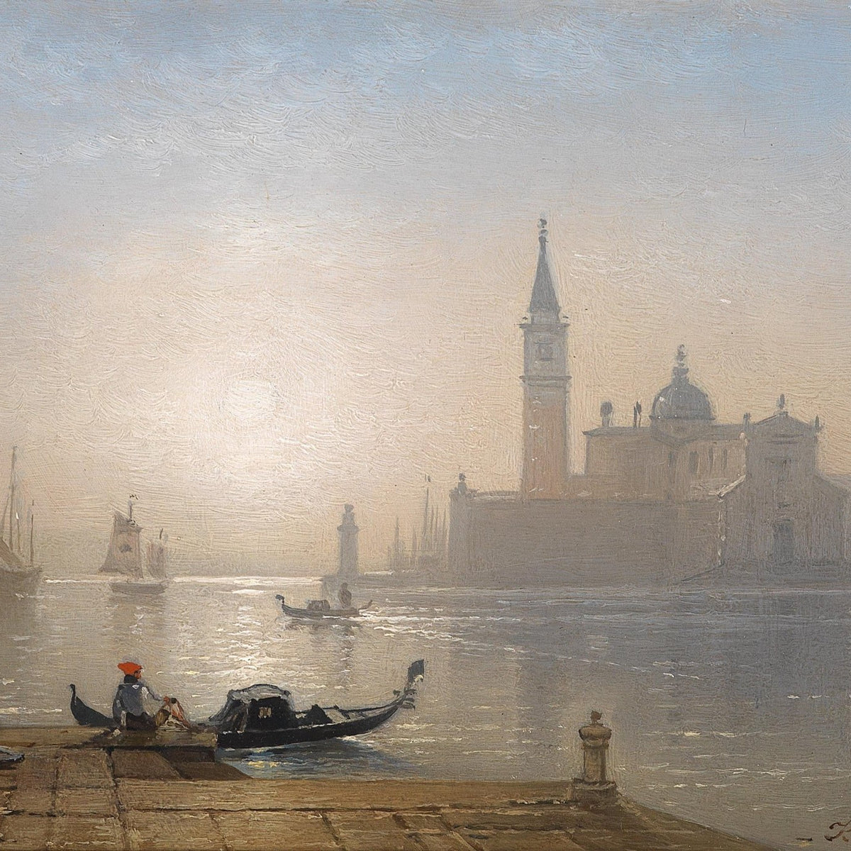 Landscape Oil Painting - Venice Waterfront, Gondola & Misty Morning Light - Oil Painting Haven